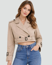 Amelie | Damen Kurzer Taillierter Trench Coat Doppelreihig Gürteljacke in Khaki