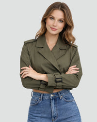 Amelie | Damen Kurzer Taillierter Trench Coat Doppelreihig Gürteljacke in Armeegrün