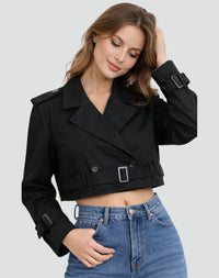 Amelie | Damen Kurzer Taillierter Trench Coat Doppelreihig Gürteljacke in Schwarz