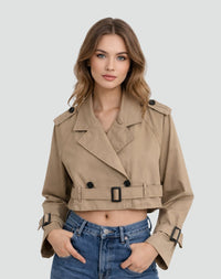 Amelie | Damen Kurzer Taillierter Trench Coat Doppelreihig Gürteljacke in Braun