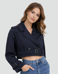 Amelie | Damen Kurzer Taillierter Trench Coat Doppelreihig Gürteljacke in Marineblau