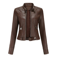 Hannah | Damen Kurzgeschnittene Biker Kunstleder Jacke mit Reißverschluss in Braun