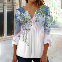 Charlotte | Damen Langarm Bluse Geblümtes Henley-Shirt Relaxed Fit in Weiß-Blau
