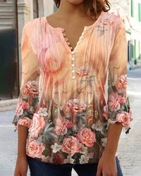 Charlotte | Damen Langarm Bluse Geblümtes Henley-Shirt Relaxed Fit in Orange