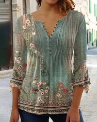Charlotte | Damen Langarm Bluse Geblümtes Henley-Shirt Relaxed Fit in Grün