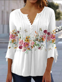 Charlotte | Damen Langarm Bluse Geblümtes Henley-Shirt Relaxed Fit in Blütenweiß