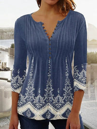 Charlotte | Damen Langarm Bluse Geblümtes Henley-Shirt Relaxed Fit in Blau