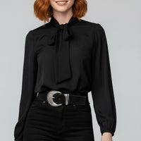 Sophie | Damen Langarm-Bluse Schleifenkragen Relaxed-Fit Büro in Tiefschwarz