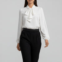 Sophie | Damen Langarm-Bluse Schleifenkragen Relaxed-Fit Büro in Reinweiß