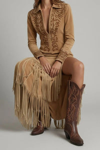 Katharina | Damen Langarm Maxi-Kleid mit Fransen und Western-Stickerei in Hellbraun