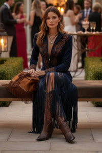 Katharina | Damen Langarm Maxi-Kleid mit Fransen und Western-Stickerei in Marineblau