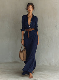 Katharina | Damen Langarm-Maxikleid figurbetonend tailliert mit Gürtel in Marineblau