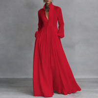 Sophie | Damen Langarm Maxikleid Fließendes Hemdblusenkleid mit Stehkragen in Rot