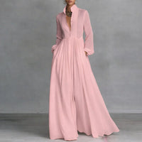 Sophie | Damen Langarm Maxikleid Fließendes Hemdblusenkleid mit Stehkragen in Rosa