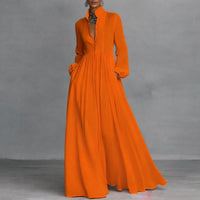 Sophie | Damen Langarm Maxikleid Fließendes Hemdblusenkleid mit Stehkragen in Orange
