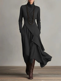 Luisa | Damen Langarm-Maxikleid mit Rollkragen asymmetrischem Saum in Schwarz