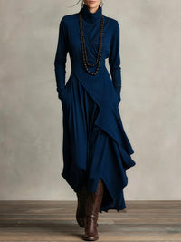 Luisa | Damen Langarm-Maxikleid mit Rollkragen asymmetrischem Saum in Marineblau