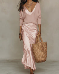 Johanna | Damen Langarm-Midi-Kleid mit Satin-Unterkleid und Strickpullover in Rosa