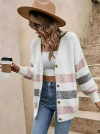 Damen Langarm Strickjacke mit V-Ausschnitt und horizontalen Blockfarben-Streifen in Rosa