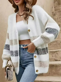 Damen Langarm Strickjacke mit V-Ausschnitt und horizontalen Blockfarben-Streifen in Weiß