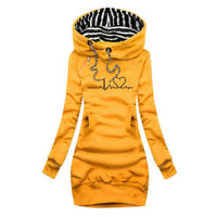 Elfriede | Damen Langarm-Sweatshirt-Kleid mit Herzschlag-Print und Kapuze in Gelb