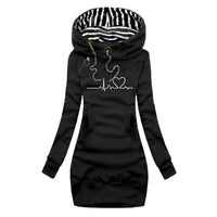 Elfriede | Damen Langarm-Sweatshirt-Kleid mit Herzschlag-Print und Kapuze in Schwarz