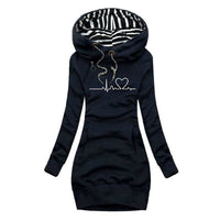 Elfriede | Damen Langarm-Sweatshirt-Kleid mit Herzschlag-Print und Kapuze in Blau