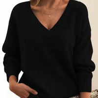 Greta | Damen Langarm V-Ausschnitt Cashmere-Blend Strick Sweater in Schwarz