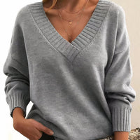 Greta | Damen Langarm V-Ausschnitt Cashmere-Blend Strick Sweater in Grau