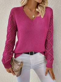 Elisabeth | Damen Langarm V-Ausschnitt Lochstrick Pullover Knit Sweater in Lila