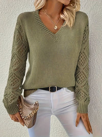 Elisabeth | Damen Langarm V-Ausschnitt Lochstrick Pullover Knit Sweater in Olivgrün