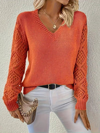 Elisabeth | Damen Langarm V-Ausschnitt Lochstrick Pullover Knit Sweater in Orange