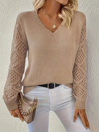 Elisabeth | Damen Langarm V-Ausschnitt Lochstrick Pullover Knit Sweater in Aprikose
