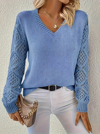 Elisabeth | Damen Langarm V-Ausschnitt Lochstrick Pullover Knit Sweater in Hellblau