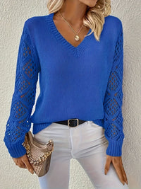 Elisabeth | Damen Langarm V-Ausschnitt Lochstrick Pullover Knit Sweater in Rosa