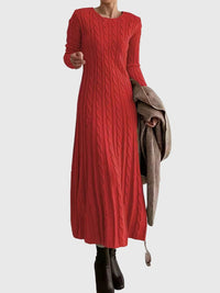 Greta | Damen Langarm Zopfmuster Strick Maxikleid in Rot