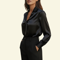Damen Langarmbluse mit Kragen und drapiertem Frontdetail in Schwarz