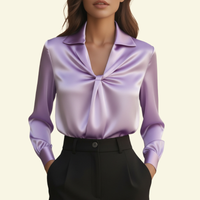 Damen Langarmbluse mit Kragen und drapiertem Frontdetail in Lila
