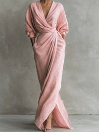 Hannah | Damen Langarmkleid elegantes Maxi-Wickelkleid mit V-Ausschnitt in Rosa