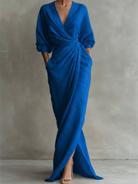 Hannah | Damen Langarmkleid elegantes Maxi-Wickelkleid mit V-Ausschnitt in Blau
