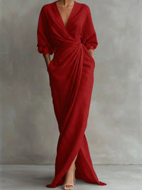 Hannah | Damen Langarmkleid elegantes Maxi-Wickelkleid mit V-Ausschnitt in Rot