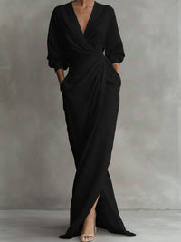 Hannah | Damen Langarmkleid elegantes Maxi-Wickelkleid mit V-Ausschnitt in Schwarz