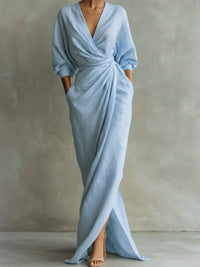 Hannah | Damen Langarmkleid elegantes Maxi-Wickelkleid mit V-Ausschnitt in Hellblau