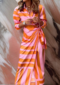 Annika | Damen Langarmkleid gestreiftes Wickelkleid mit V-Ausschnitt in Orange/Rosa