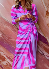 Annika | Damen Langarmkleid gestreiftes Wickelkleid mit V-Ausschnitt in Lila