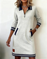 Emilia | Damen Langarmkleid mit Reißverschlusskragen und Seitentaschen in Grau