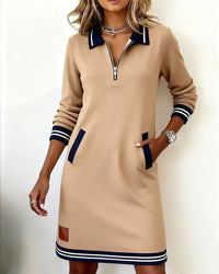 Emilia | Damen Langarmkleid mit Reißverschlusskragen und Seitentaschen in Beige
