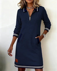 Emilia | Damen Langarmkleid mit Reißverschlusskragen und Seitentaschen in Marineblau