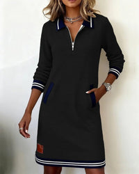 Emilia | Damen Langarmkleid mit Reißverschlusskragen und Seitentaschen in Schwarz