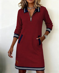 Emilia | Damen Langarmkleid mit Reißverschlusskragen und Seitentaschen in Rot